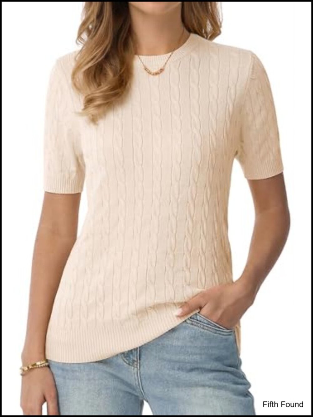 Womens Cable Knit Sweater Crew Neck Short Sleeve Viscose Blend Pullover